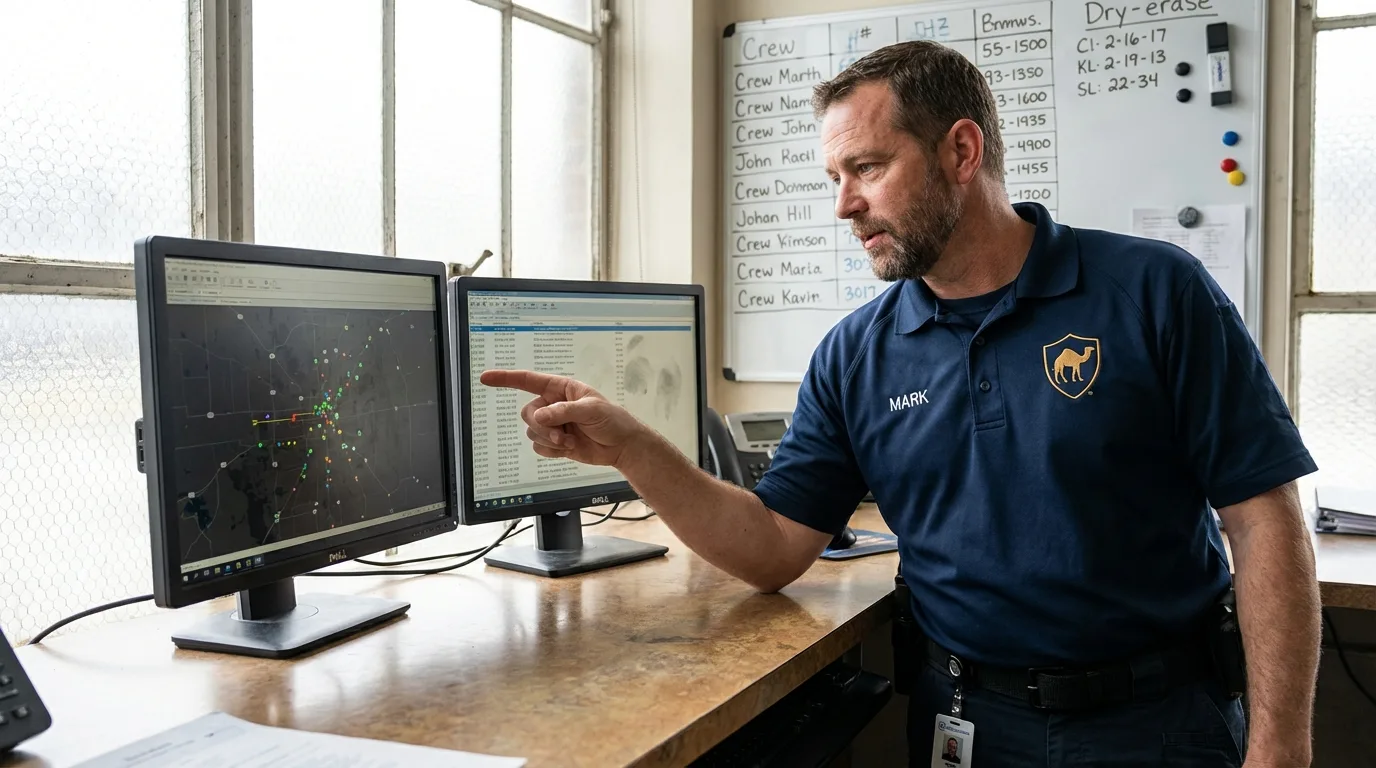 Dispatch coordinator reviewing live GPS routing map for Texas deliveries