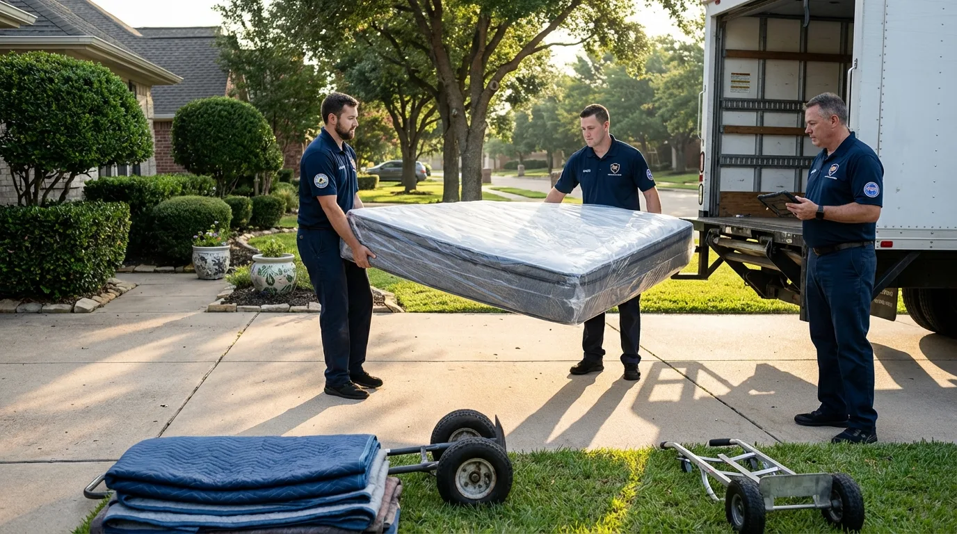 CamelBack crew loading padded residential furniture into moving truck on suburban driveway in Texas